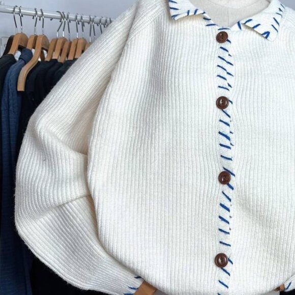 Cozy White Knit Cardigan With Blue Stitch Details - Picture 3 of 3